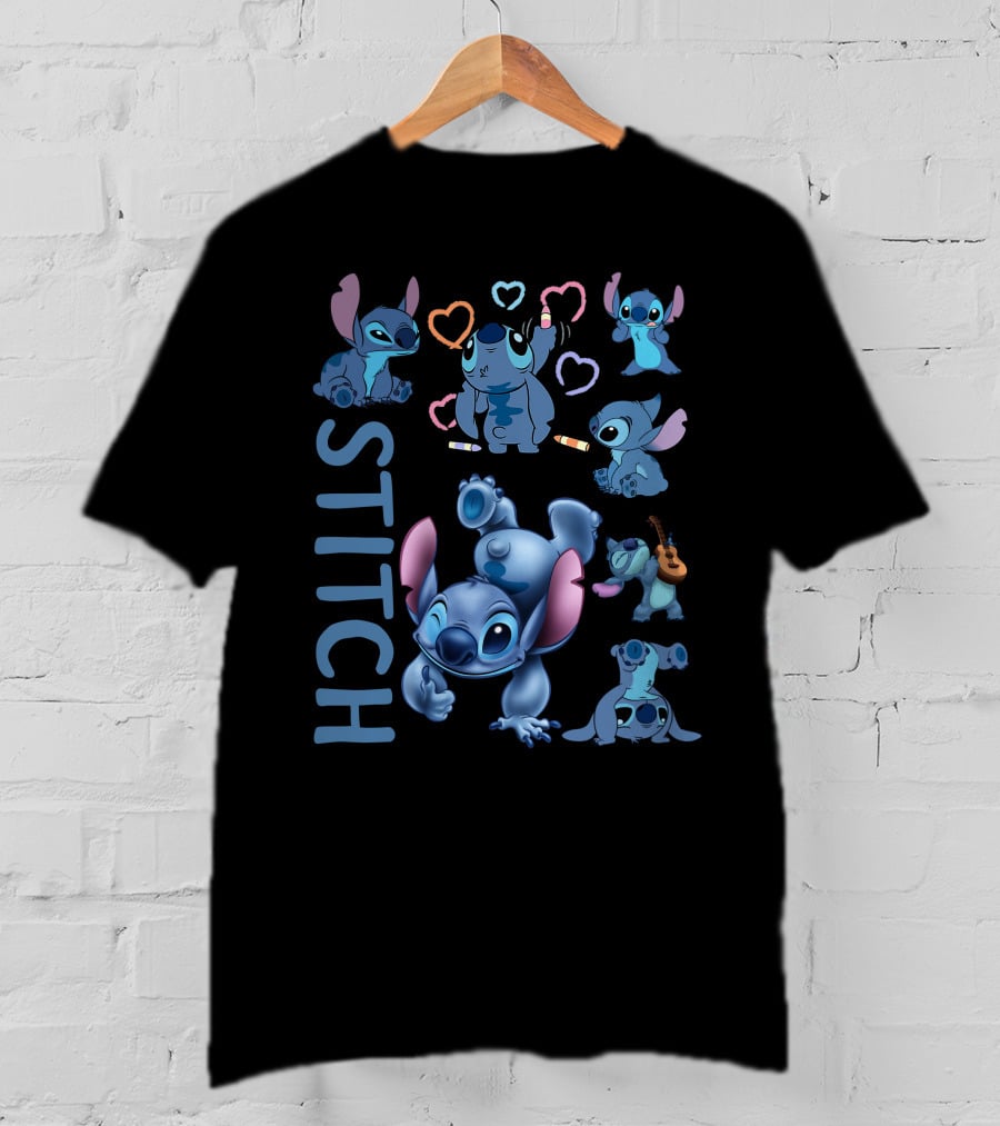 Stitch Cute Blue Alien Playing Guitar And Drawing Hearts T-Shirt