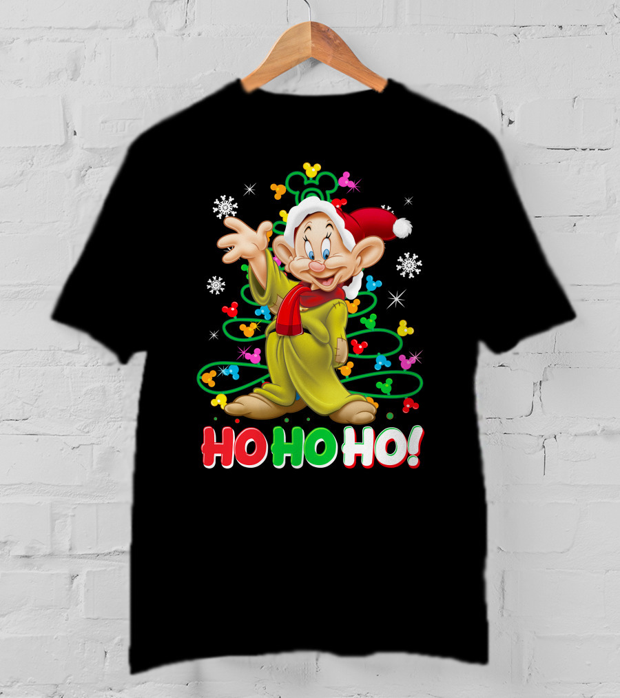 Dopey Ho Ho Ho Christmas Snowflakes Green Yellow Red Santa Hat Disney T-Shirt