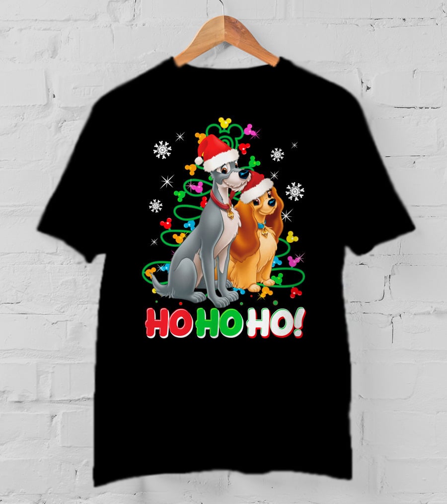 Lady And The Tramp Ho Ho Ho Christmas Santa Hats Snowflakes T-Shirt