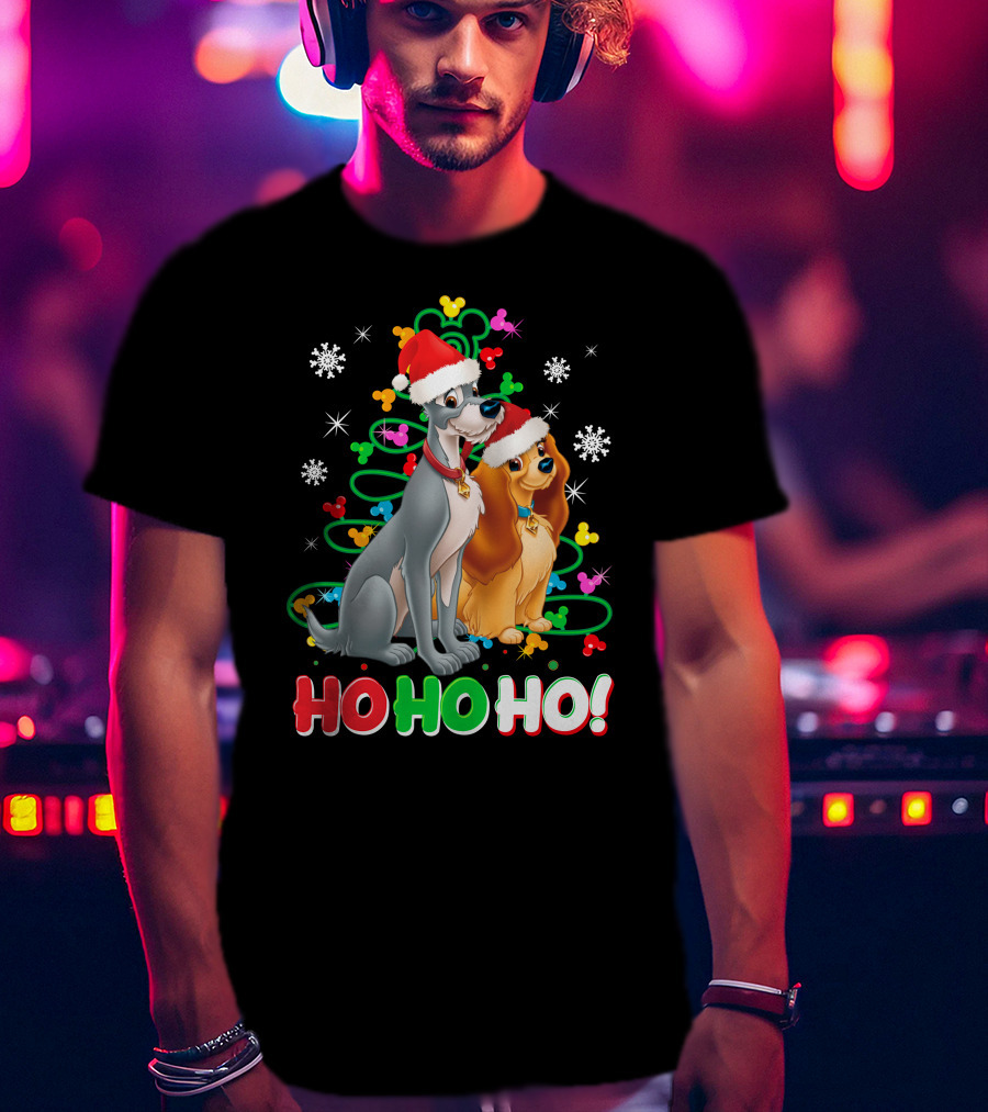 Lady And The Tramp Ho Ho Ho Christmas Santa Hats Snowflakes T-Shirt