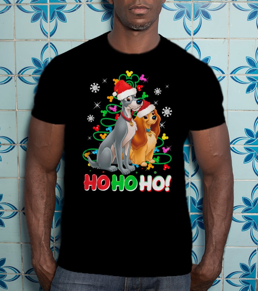 Lady And The Tramp Ho Ho Ho Christmas Santa Hats Snowflakes T-Shirt
