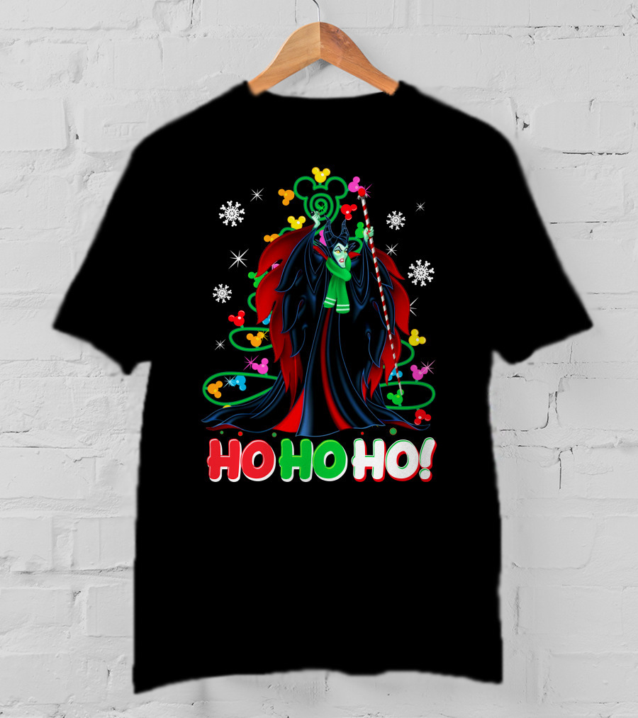 Maleficent Christmas Ho Ho Ho Snowflakes And Mickey Ears T-Shirt