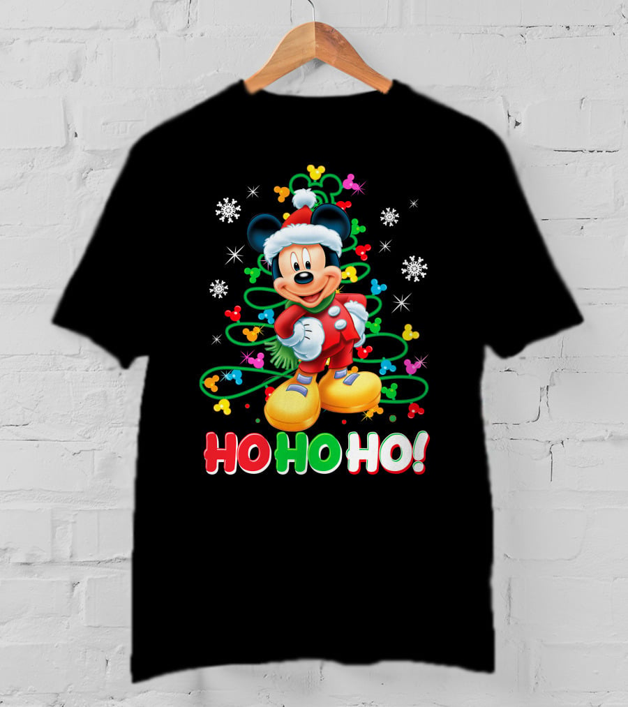 Mickey Mouse Christmas Ho Ho Ho Santa Outfit Snowflakes And Colorful Lights T-Shirt