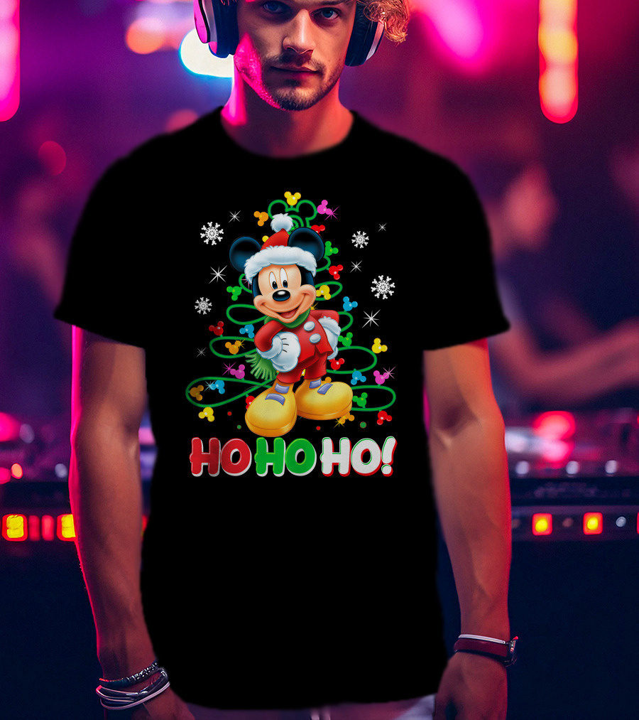 Mickey Mouse Christmas Ho Ho Ho Santa Outfit Snowflakes And Colorful Lights T-Shirt