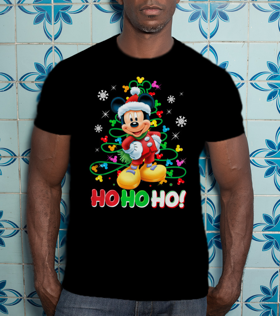 Mickey Mouse Christmas Ho Ho Ho Santa Outfit Snowflakes And Colorful Lights T-Shirt