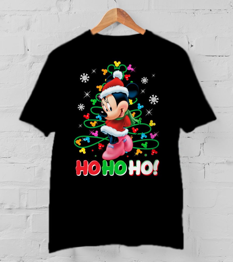 Minnie Mouse Christmas Ho Ho Ho Santa Hat Winter Holiday Snowflakes T-Shirt