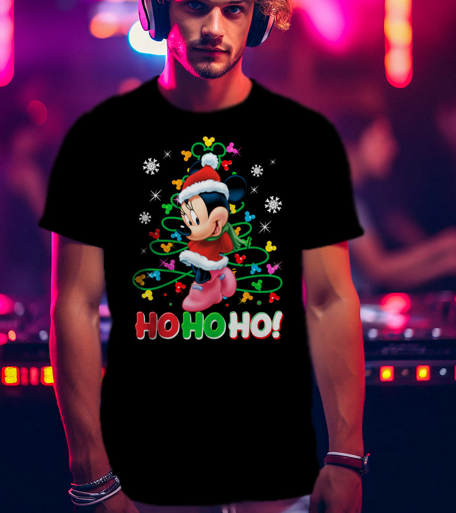 Minnie Mouse Christmas Ho Ho Ho Santa Hat Winter Holiday Snowflakes T-Shirt