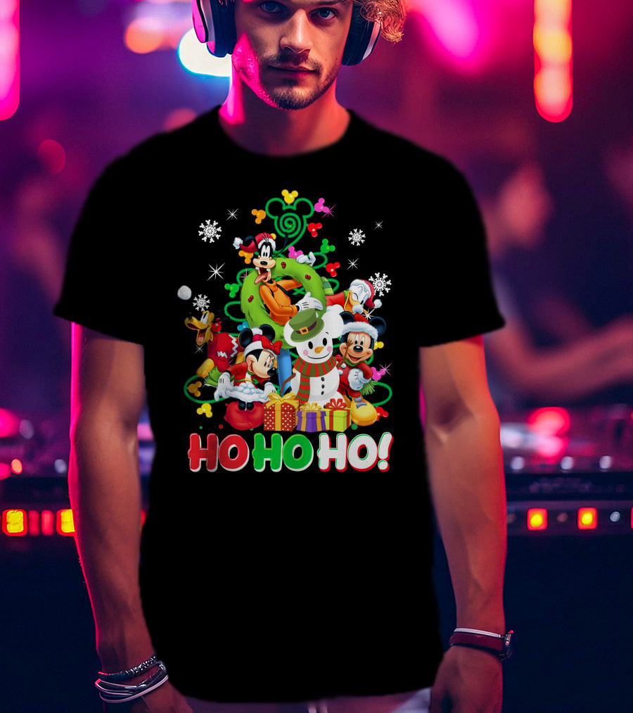 Mickey And Friends Holiday Cheer Ho Ho Ho Snowman And Gifts T-Shirt