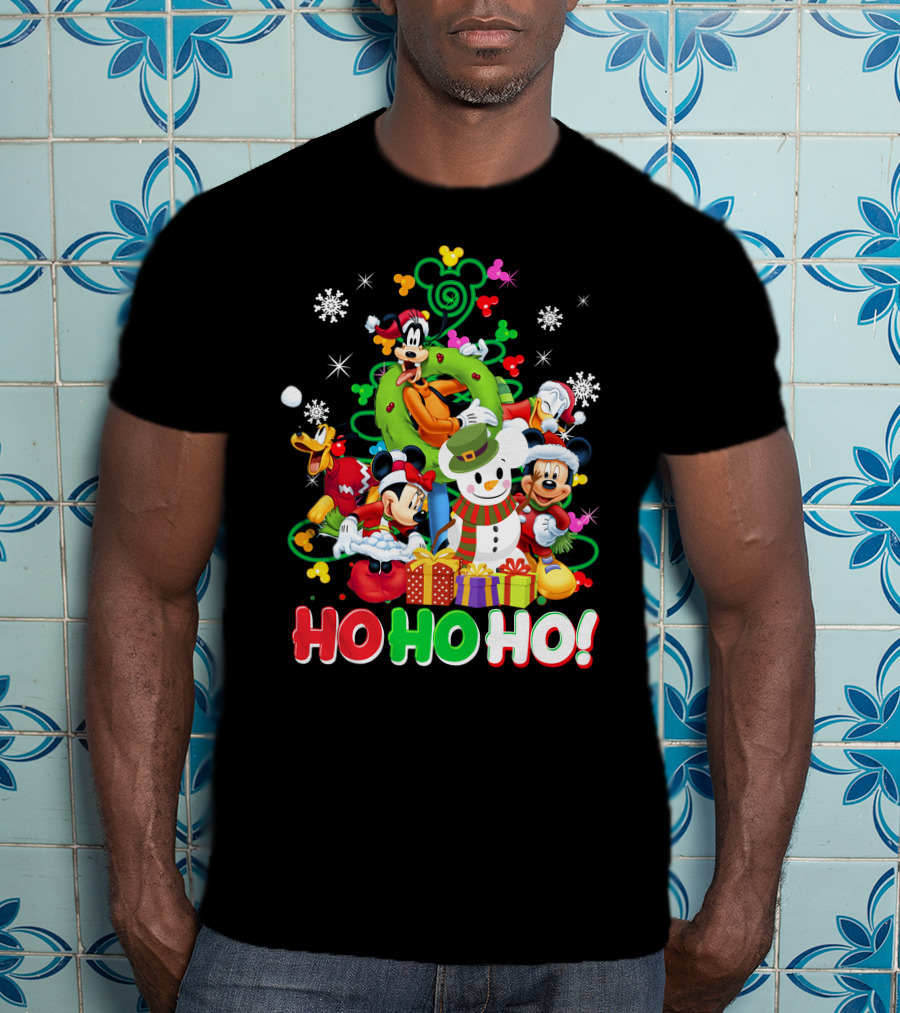 Mickey And Friends Holiday Cheer Ho Ho Ho Snowman And Gifts T-Shirt
