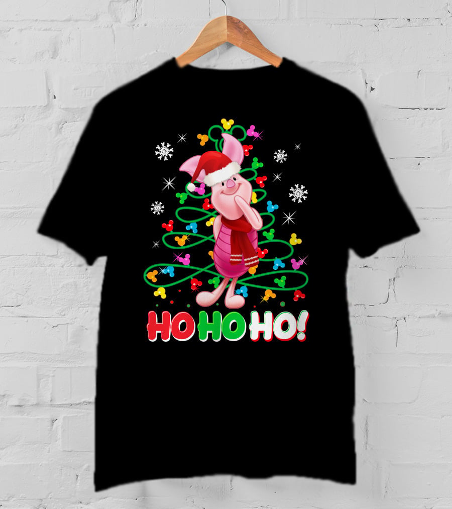 Piglet Christmas Ho Ho Ho Santa Hat Festive Holiday Snowflakes T-Shirt
