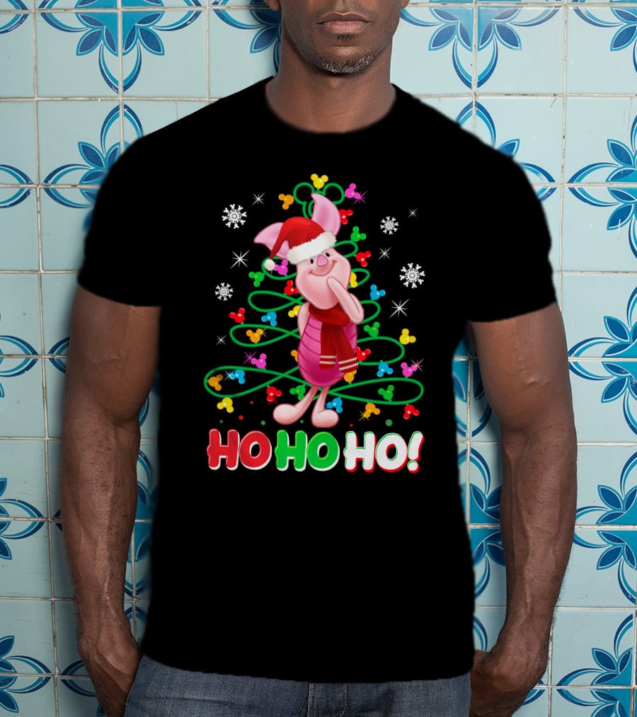 Piglet Christmas Ho Ho Ho Santa Hat Festive Holiday Snowflakes T-Shirt