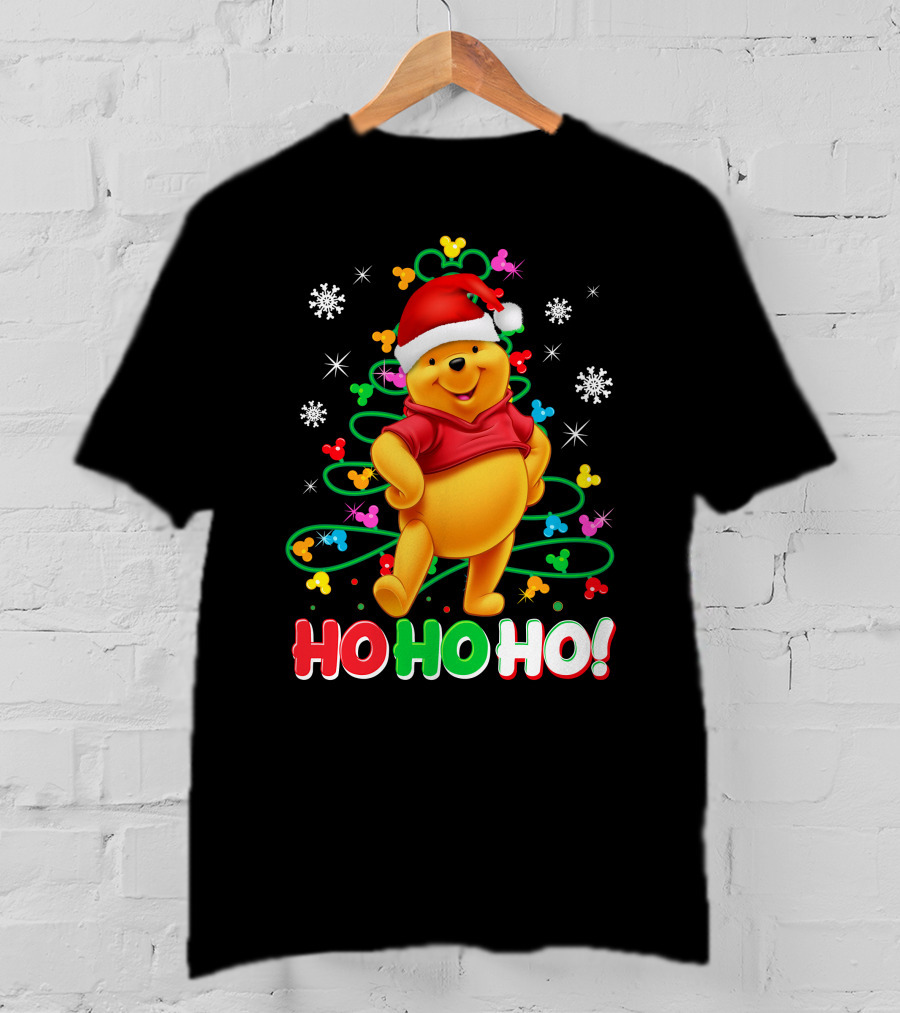 Winnie The Pooh Christmas Ho Ho Ho Santa Hat Snowflakes And Lights T-Shirt