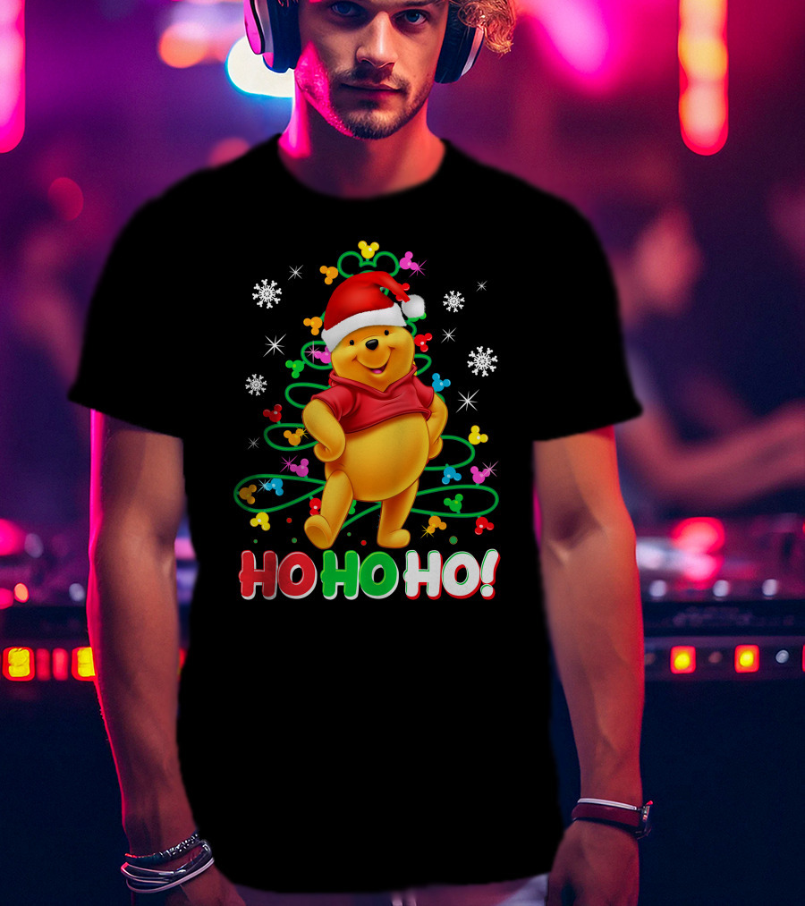 Winnie The Pooh Christmas Ho Ho Ho Santa Hat Snowflakes And Lights T-Shirt