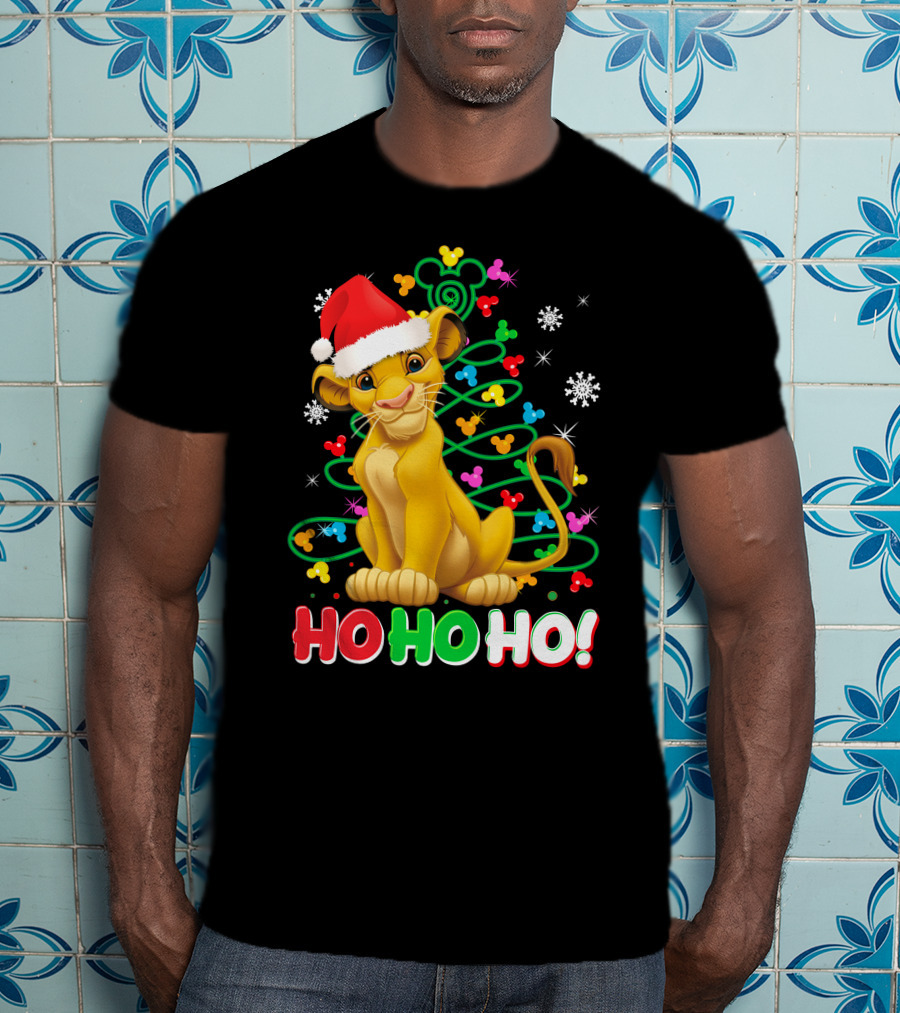 Simba Christmas Tree Ho Ho Ho Snowflakes Santa Hat T-Shirt