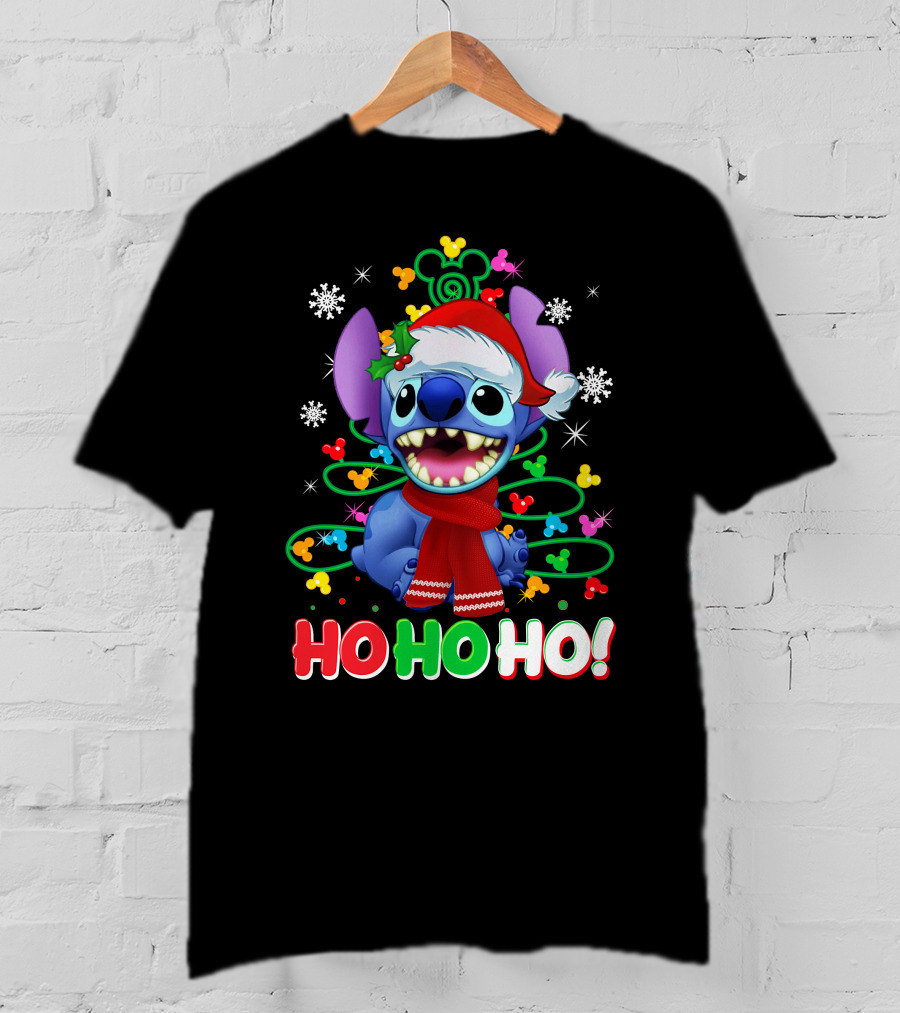 Stitch Christmas Ho Ho Ho Santa Hat Holiday Snowflakes Mickey Ears T-Shirt