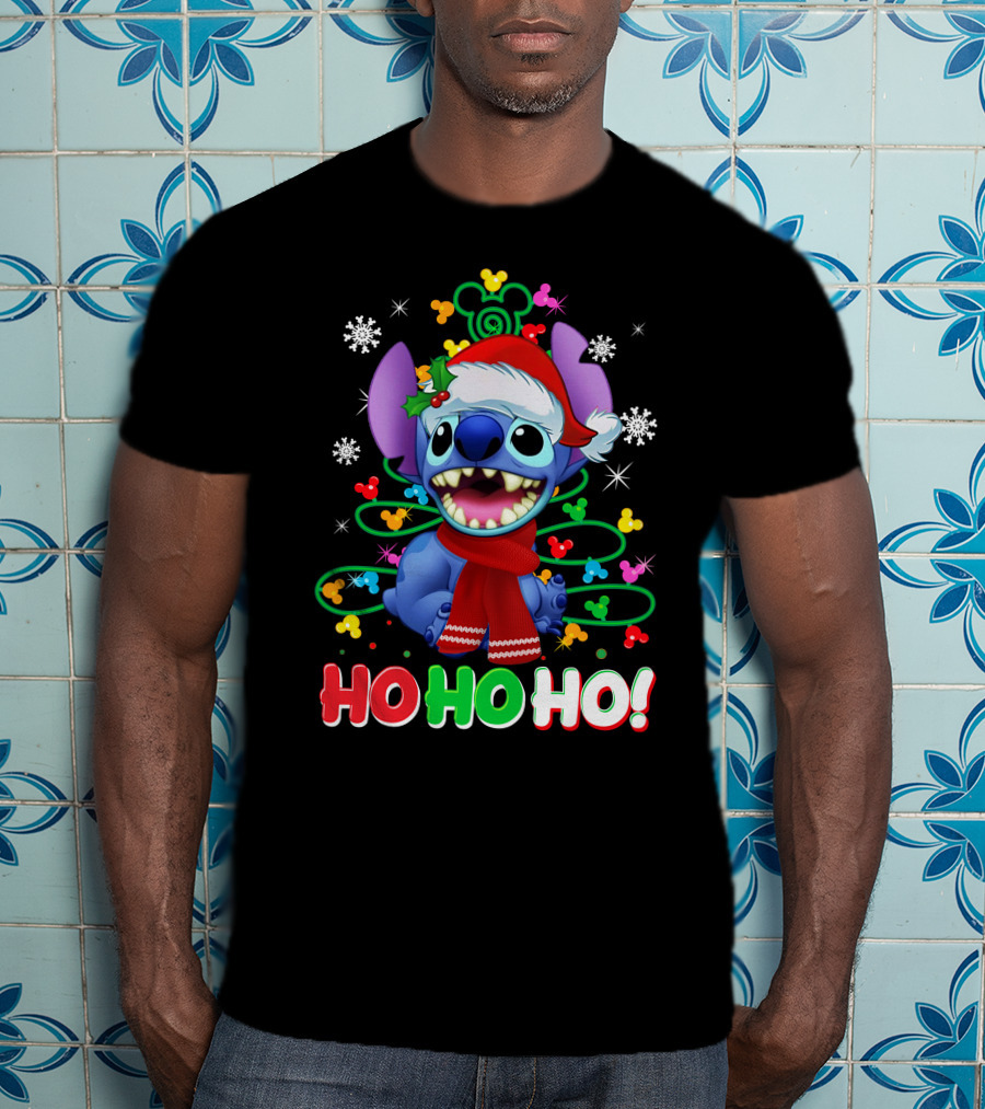 Stitch Christmas Ho Ho Ho Santa Hat Holiday Snowflakes Mickey Ears T-Shirt