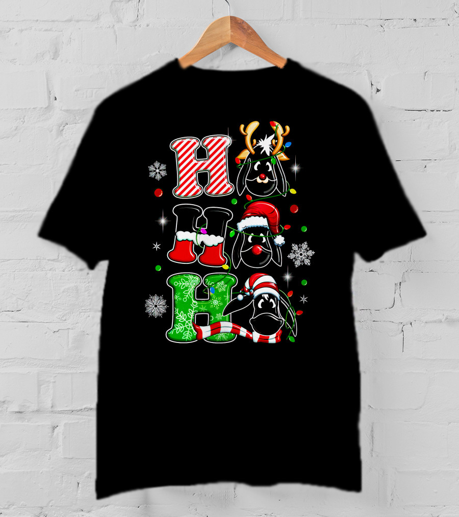 Eeyore Head Ho Ho Ho Christmas Reindeer Santa Hat Snowflakes T-Shirt