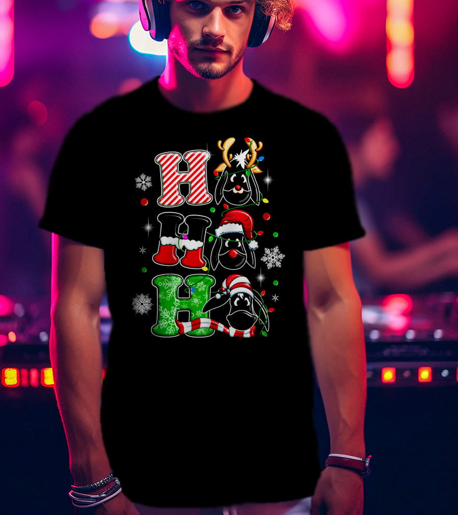 Eeyore Head Ho Ho Ho Christmas Reindeer Santa Hat Snowflakes T-Shirt
