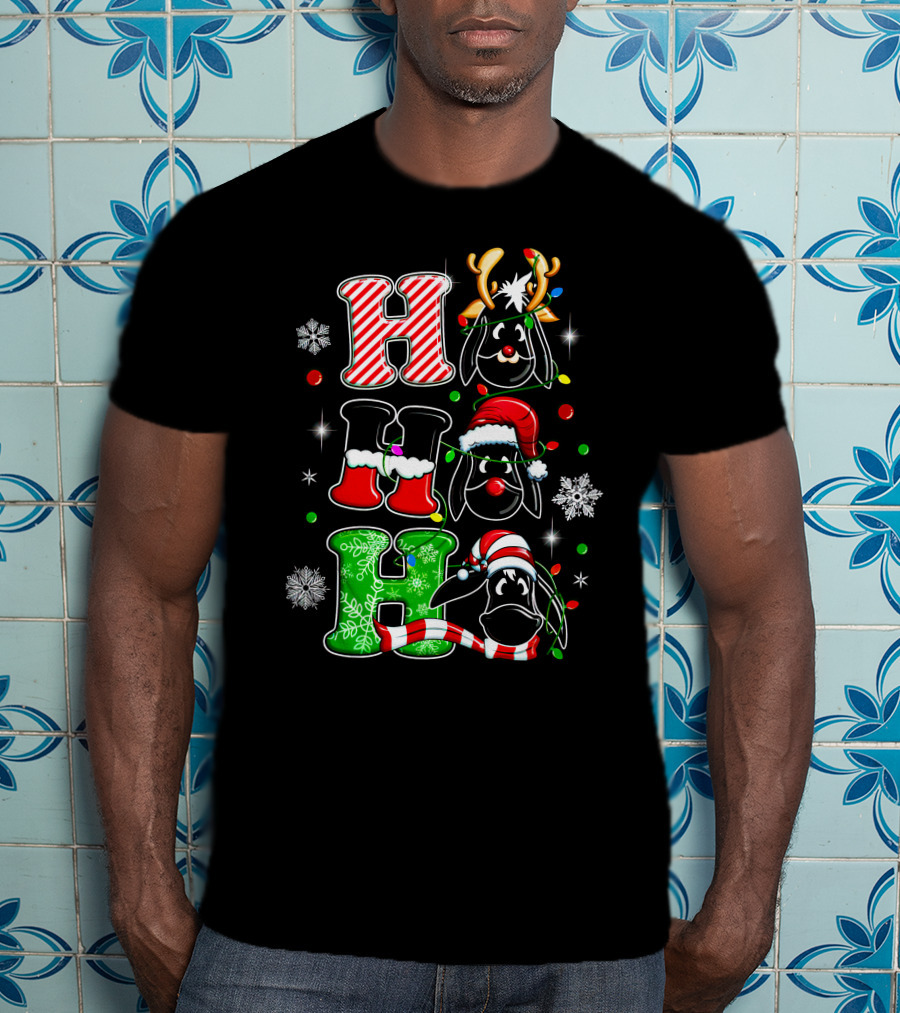 Eeyore Head Ho Ho Ho Christmas Reindeer Santa Hat Snowflakes T-Shirt