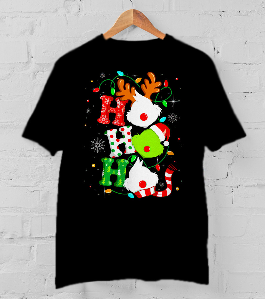 Ho Ho Ho Grinch Christmas Lights Reindeer Antlers Santa Hat Snowflakes T-Shirt