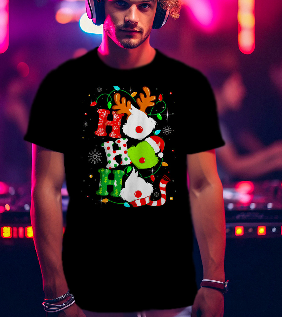 Ho Ho Ho Grinch Christmas Lights Reindeer Antlers Santa Hat Snowflakes T-Shirt