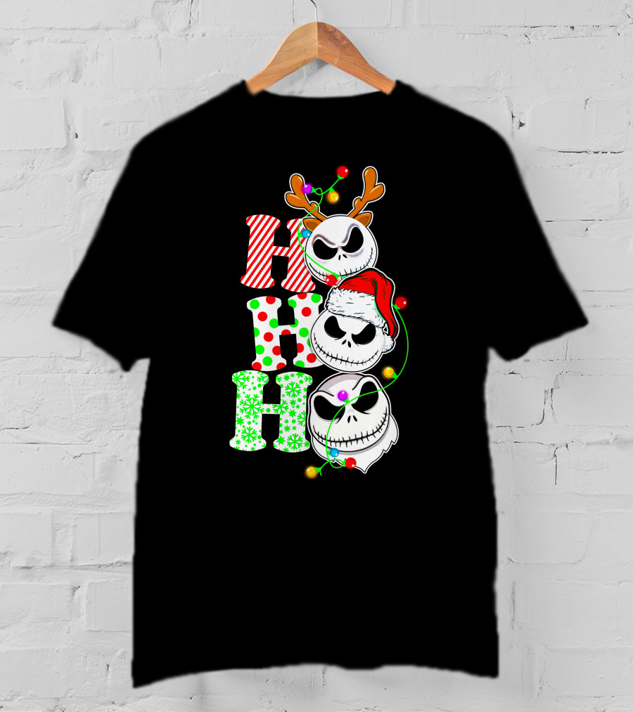 Ho Ho Ho Jack Skellington Christmas Lights Reindeer Antlers Santa Hat T-Shirt