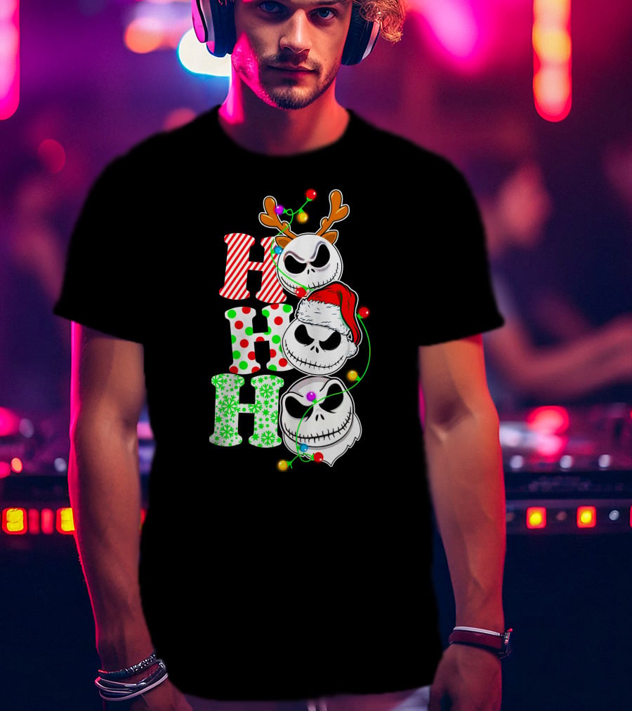 Ho Ho Ho Jack Skellington Christmas Lights Reindeer Antlers Santa Hat T-Shirt