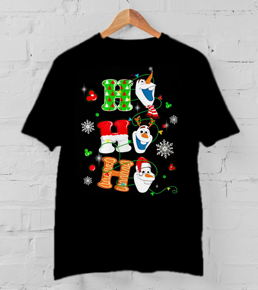 H H H Olaf Snowman With Christmas Trees And Snowflakes Holiday Theme T-Shirt