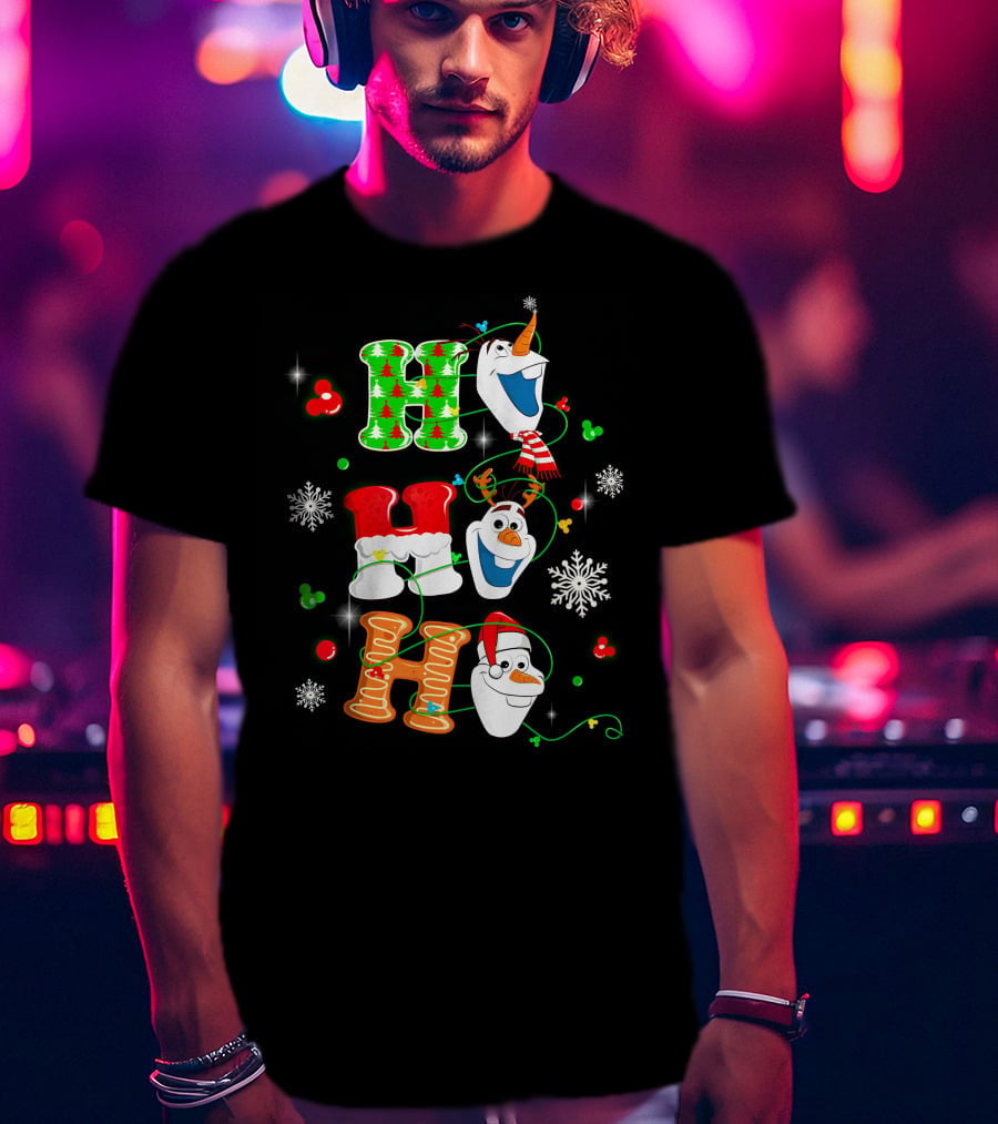 H H H Olaf Snowman With Christmas Trees And Snowflakes Holiday Theme T-Shirt
