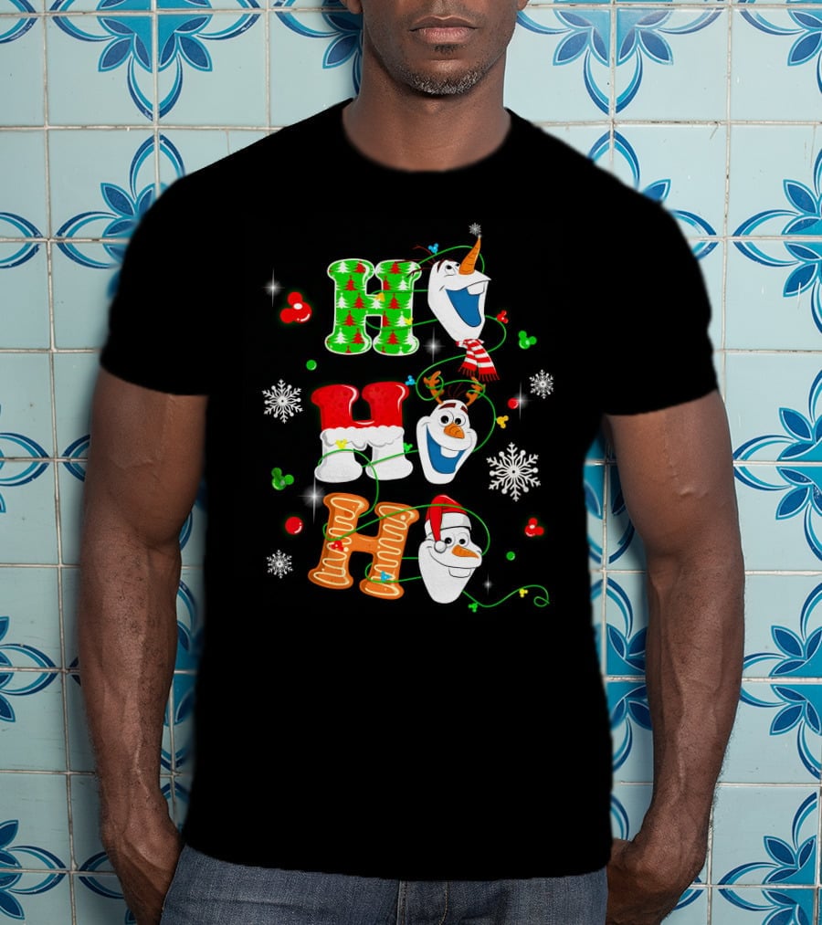 H H H Olaf Snowman With Christmas Trees And Snowflakes Holiday Theme T-Shirt