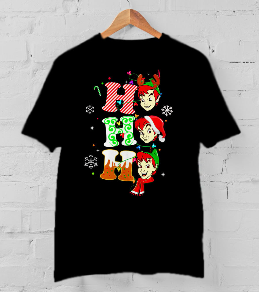 Peter Pan Holiday Cheer Ho Ho Ho Christmas Reindeer Santa Hat Scarf Snowflakes T-Shirt