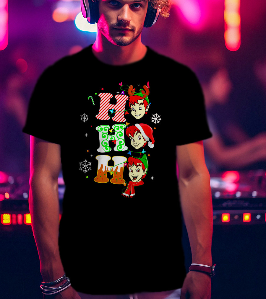 Peter Pan Holiday Cheer Ho Ho Ho Christmas Reindeer Santa Hat Scarf Snowflakes T-Shirt