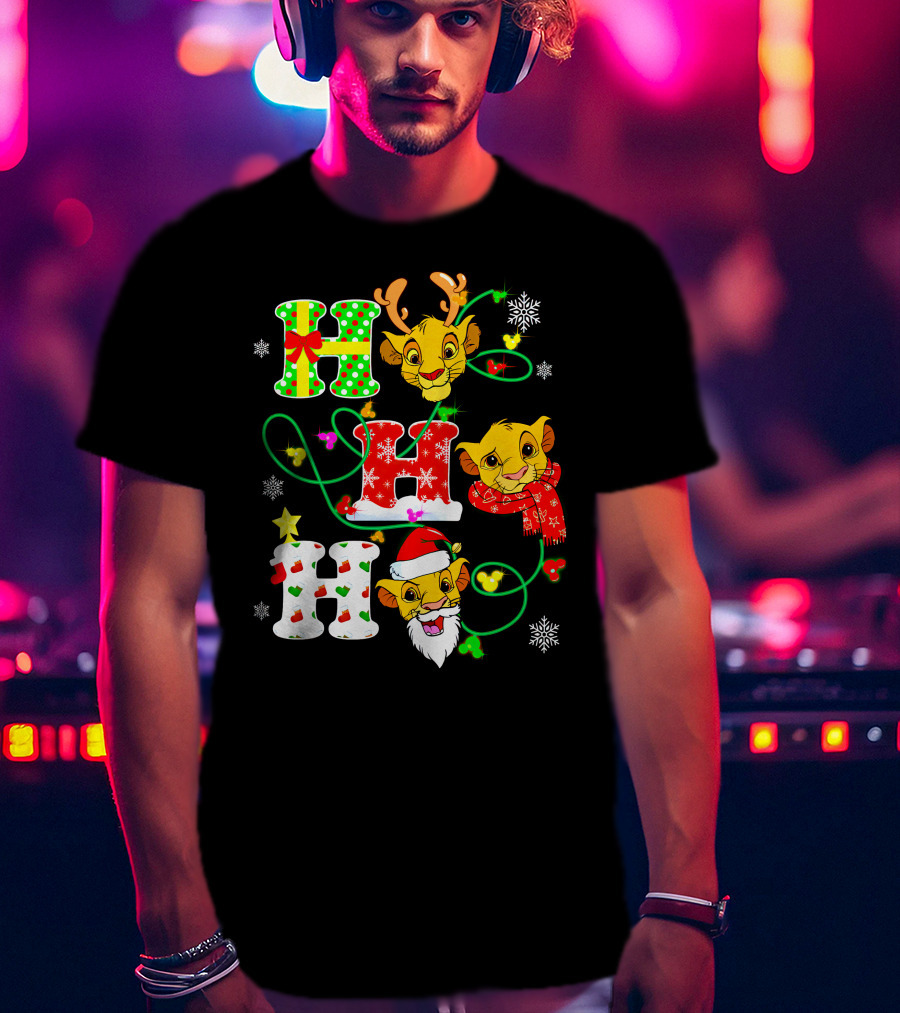 Ho Ho Ho Christmas Simba With Reindeer And Santa Hat T-Shirt
