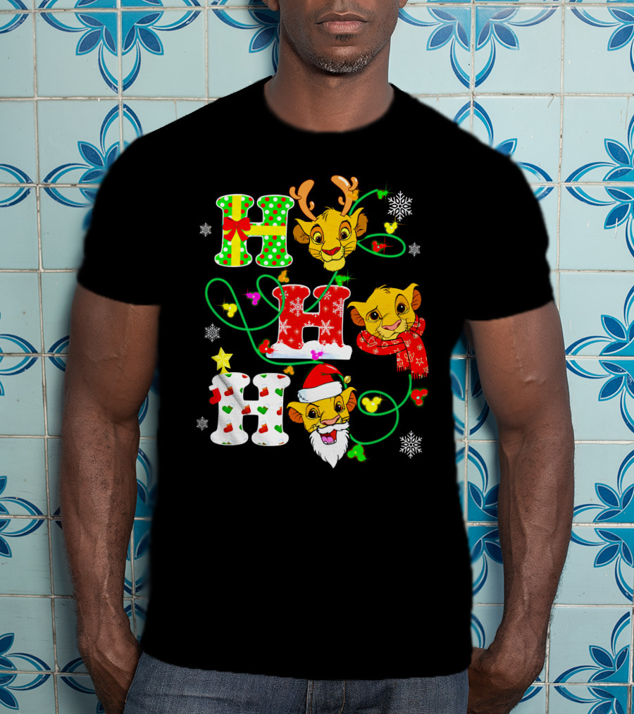 Ho Ho Ho Christmas Simba With Reindeer And Santa Hat T-Shirt