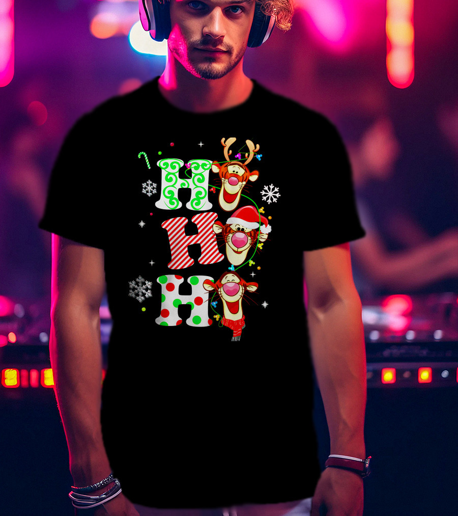 Ho Ho Ho Tigger Christmas Reindeer Santa Snowflakes T-Shirt