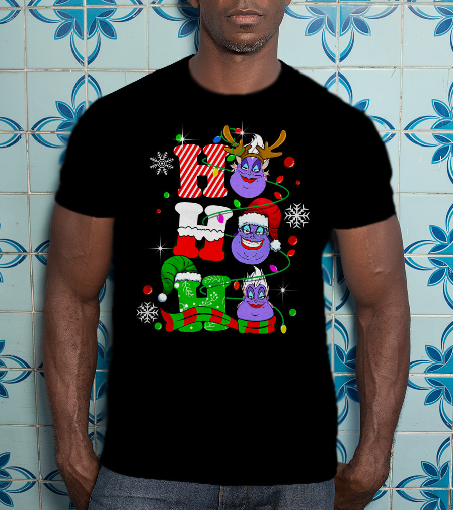 Ho Ho Ho Ursula Christmas Reindeer Santa Hats And Snowflakes T-Shirt