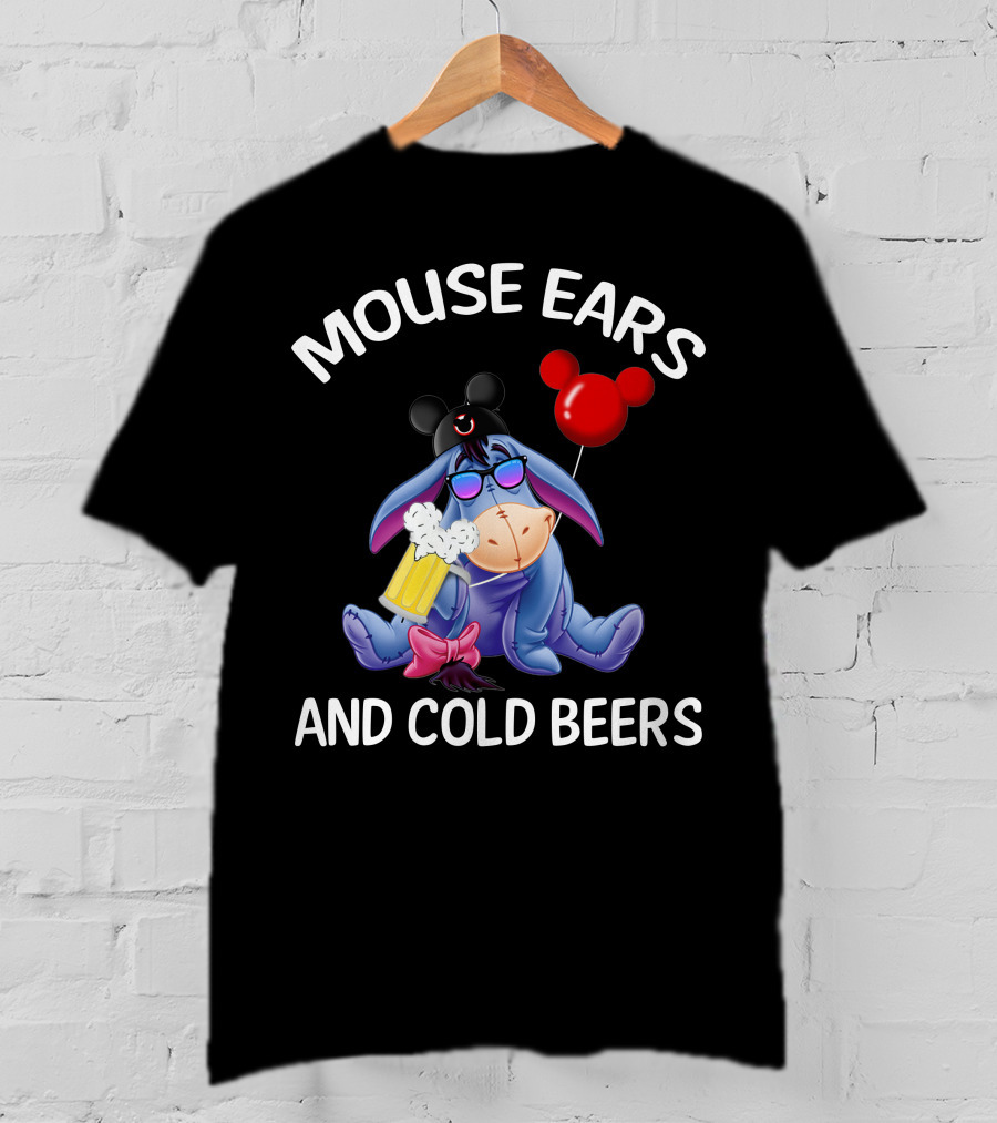 Mouse Ears And Cold Beers Eeyore With Mickey Hat And Balloon T-Shirt