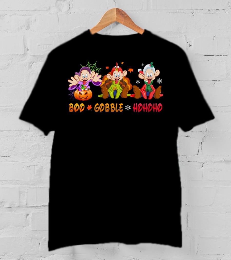 Boo Gobble Hohoho Dopey Halloween Thanksgiving Christmas Holiday Trio T-Shirt