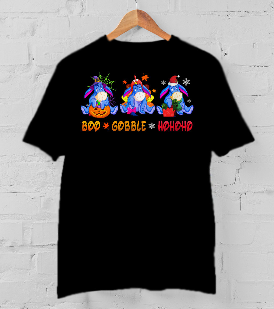 Boo Gobble Hohoho Eeyore Halloween Thanksgiving Christmas T-Shirt