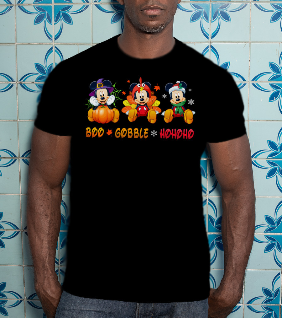 Boo Gobble Ho Ho Ho Mickey Halloween Thanksgiving Christmas T-Shirt