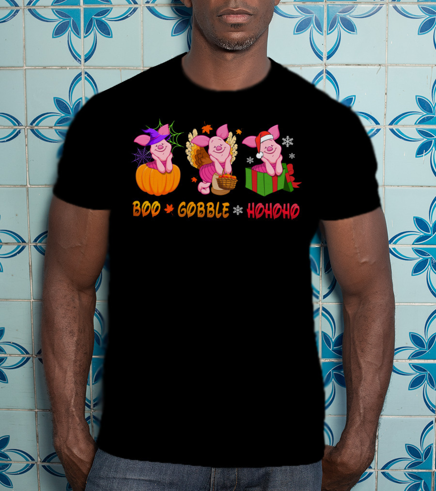 Boo Gobble Hohoho Piglet Halloween Thanksgiving Christmas T-Shirt