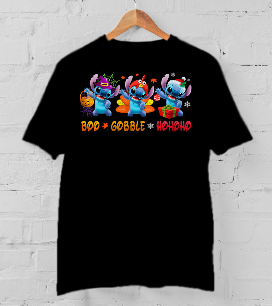 Stitch Boo Gobble Hohoho Halloween Thanksgiving Christmas T-Shirt