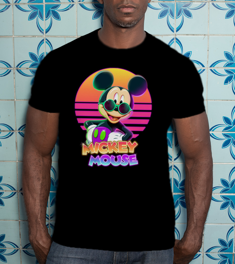 Mickey Mouse Retro Neon Style Sunglasses Sunset T-Shirt