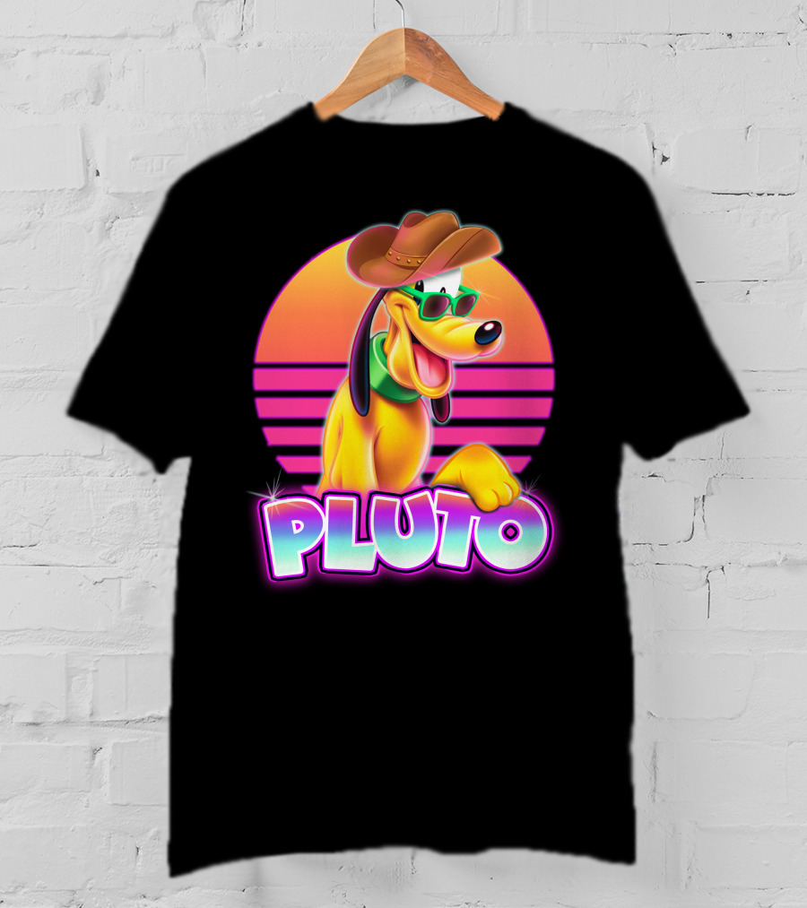 Pluto Retro Sunset Neon Style With Sunglasses And Cowboy Hat T-Shirt