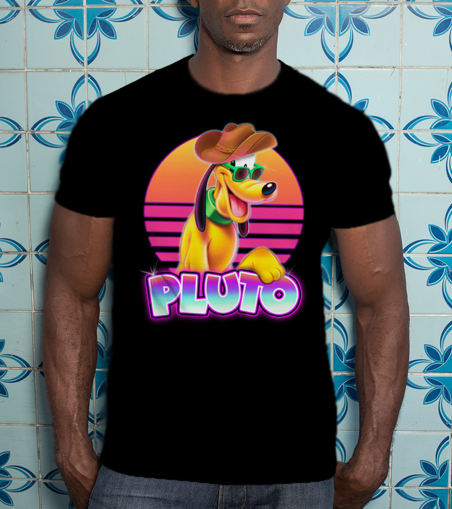 Pluto Retro Sunset Neon Style With Sunglasses And Cowboy Hat T-Shirt