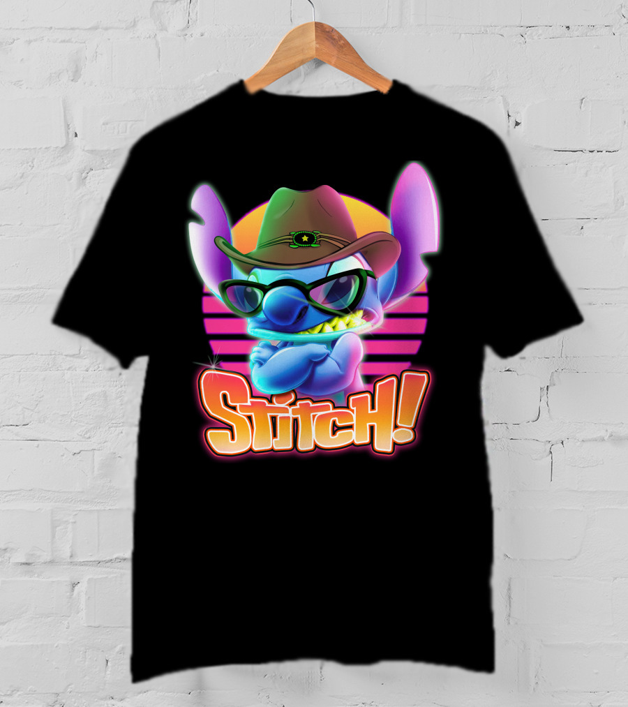 Stitch Neon Retro Cowboy Style With Sunglasses T-Shirt