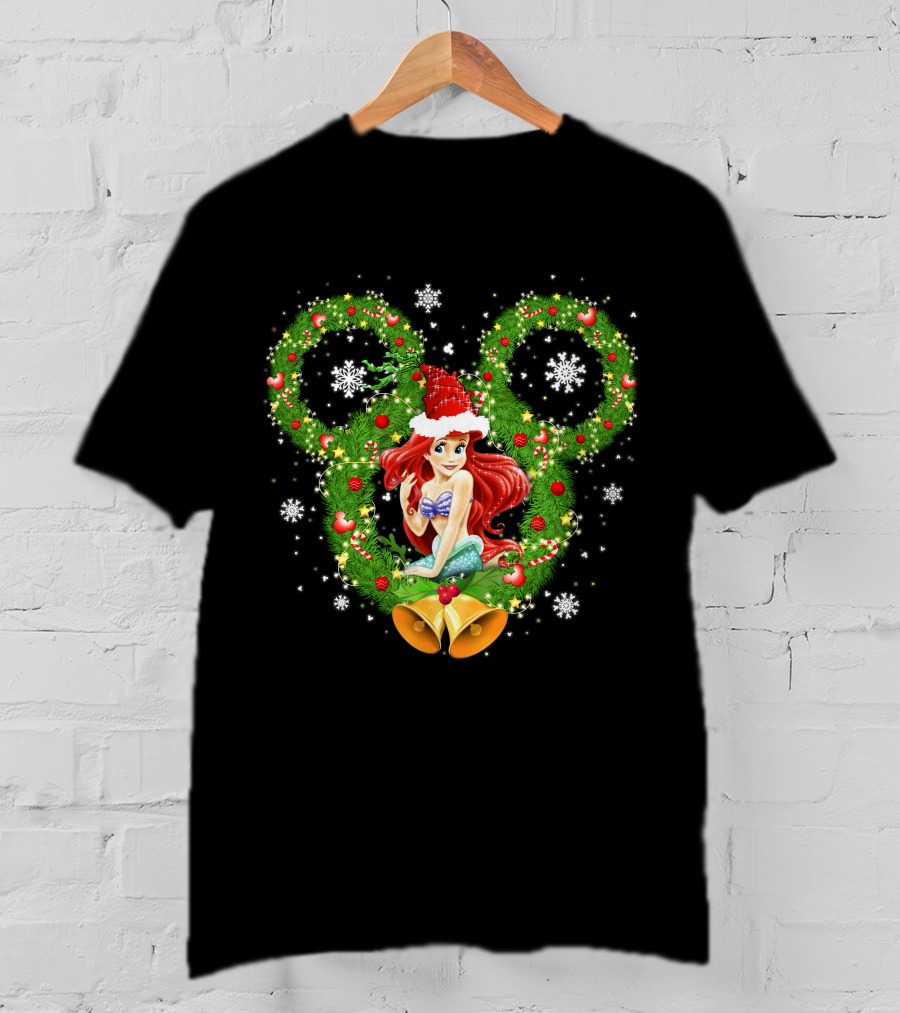 Ariel Christmas Holiday Wreath With Mickey Ears And Festive Bells T-Shirt