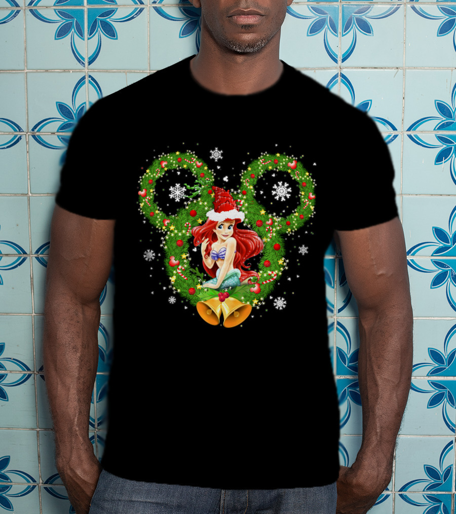 Ariel Christmas Holiday Wreath With Mickey Ears And Festive Bells T-Shirt