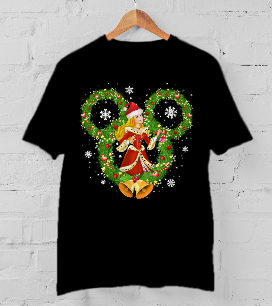 Aurora Christmas Wreath With Santa Hat And Bells Mickey Icon Snowflakes T-Shirt