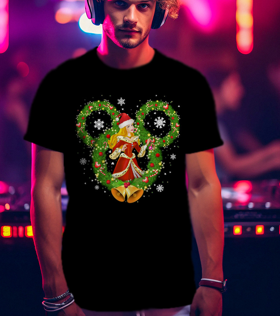 Aurora Christmas Wreath With Santa Hat And Bells Mickey Icon Snowflakes T-Shirt